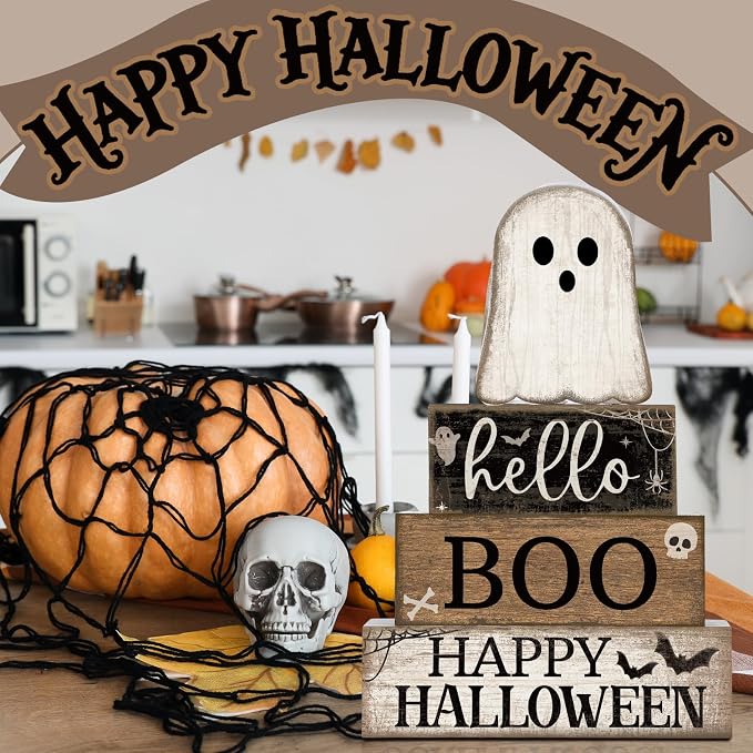 Lineshading 4 Pcs Halloween Table Decor Surprised Ghost Tiered Tray Decor | Stacked Blocks with Ghost, Rustic Wood, For Tabletop Shelf Mantel, Halloween Farmhouse Home Styling, Gift Ready