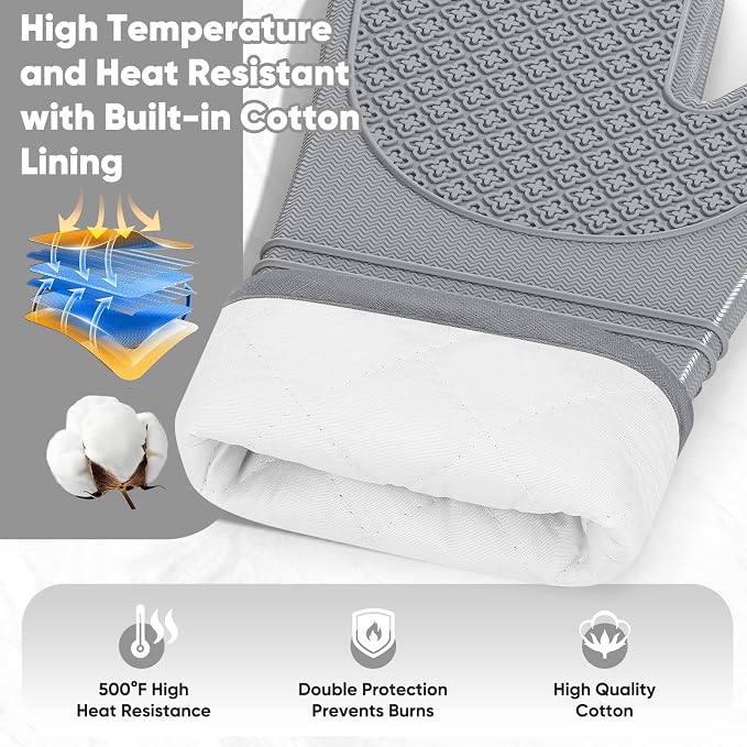 Silicone Oven Mitts, Heat Resistant Oven Gloves with Quilted Liner, Waterproof & Non-Slip Kitchen Mittens for Baking Cooking BBQ, 500°F, 12.5"-Light Gray