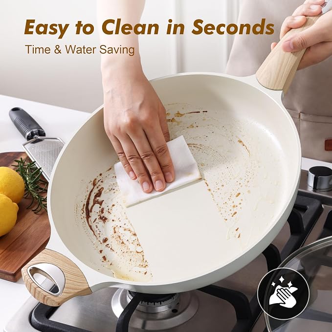 SENSARTE 12.5inch Ceramic Nonstick Frying Pan Skillet with Lid, White | Non Stick Omelet Pans, Non-toxic Healthy Kitchen Cooking Chefs Pan, PFOA/PFAS/PTFE Free, Induction Compatible