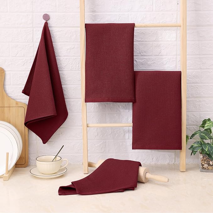 Homaxy 100% Cotton Waffle Weave Kitchen Towels, 4 Pack, Burgundy | Soft and Absorbent Dish Towels, 16 x 26 Inches Quick Dry Hand Towels