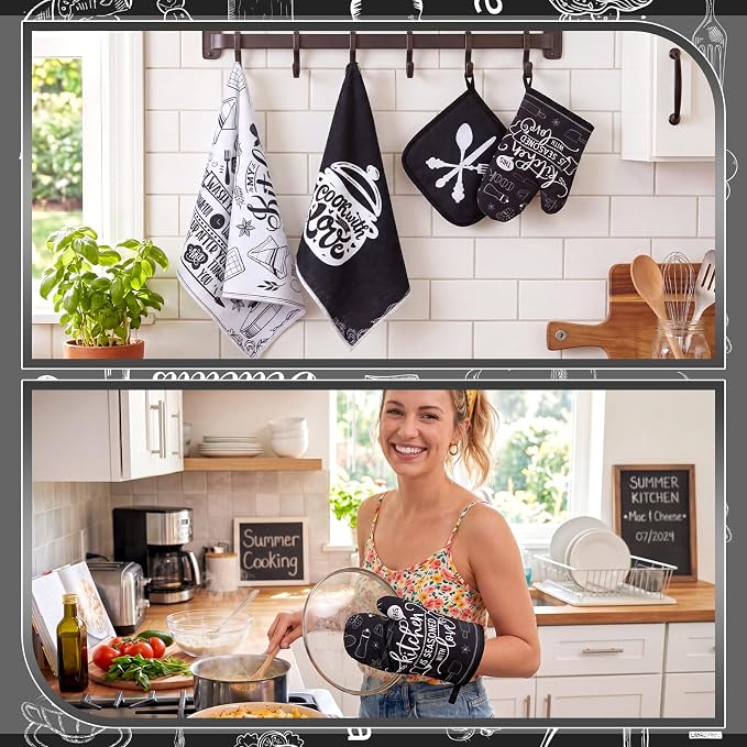 Leinuosen 8 Pcs Home Kitchen Towels and Dishcloths Sets Pot Holders and Oven Mitts Sets Absorbent Kitchen Gloves Potholders Heat Resistant for Chef Baking Cooking