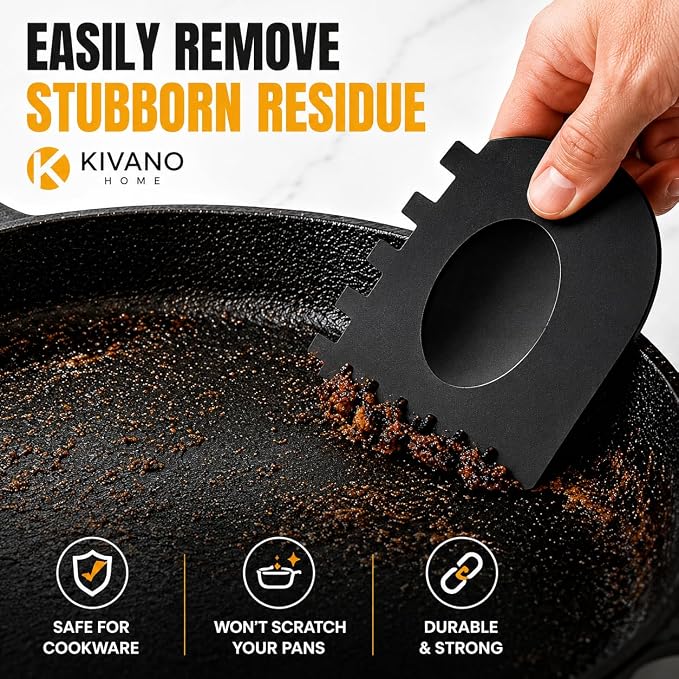 Cast Iron Scrubber with 2 Pan Scrapers – 316L Stainless Steel Chainmail Cleaner for Cast Iron Skillets, Woks, Dutch Ovens & Carbon Steel Pans