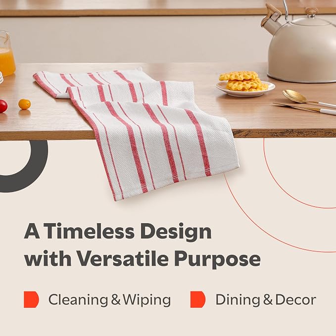 Zeppoli Classic Kitchen Towels - 6 Pack 100% Natural Cotton Towel Set, Reusable Wash Cloths, Absorbent Dish Towels, Machine Washable Hand Towels, Kitchen Essentials, 20� x 28� - Red VAR