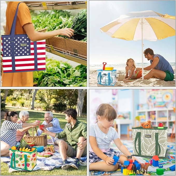 BALEINE 3PK Reusable Grocery Bags, Heavy Duty Shopping Tote Bag | 12'' Long Handles, Reinforced Bottom Keeps Upright, Fold Flat Storage, Water-Resistant Shopping Bag, Multiple Color Options