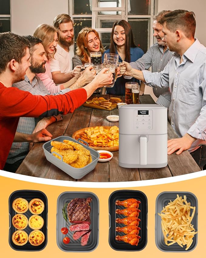 Air Fryer Silicone Liners Collapsible for bella 6Qt(5lb) Slim Air Fryer | 2-Pack Reusable Airfryer Silicone Pot Baking Basket Insert Accessories, Non Stick, Easy Cleaning, Gray+Black