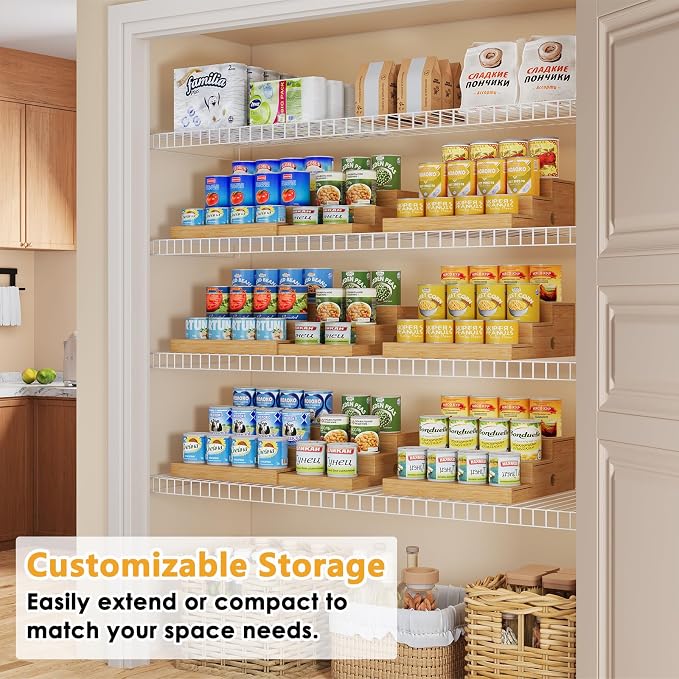2-Pack Expandable Bamboo Can Organizer for Pantry Display, Holds 48 Cans | 3-Tier Adjustable Can Storage Holder, Soda & Canned Food Organizer Rack for Cabinets & Countertops (Patent Pending)