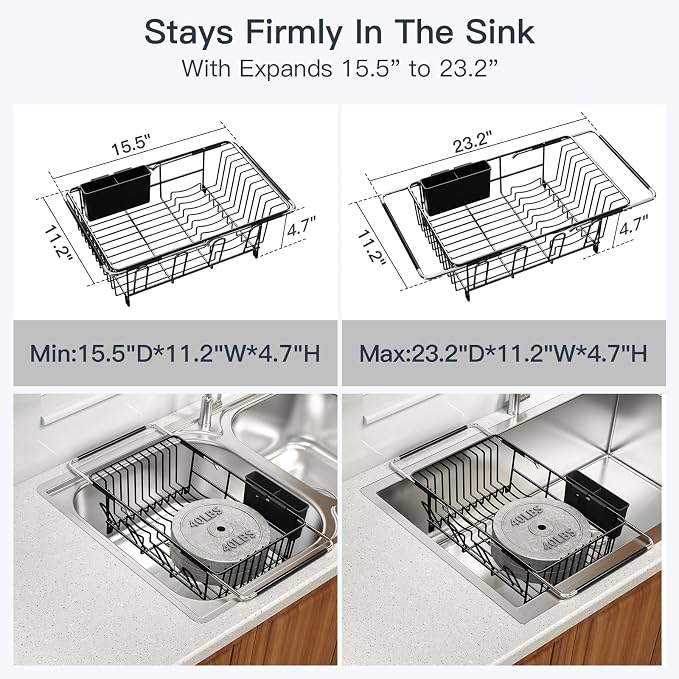 Dish Drying Rack Over The Sink with Utensil Holder, Mat | Expandable Stainless Steel Dish Drainer for Small Kitchen, Apartment, RV, Counter Space Saving, Perfect Fit, Rustproof