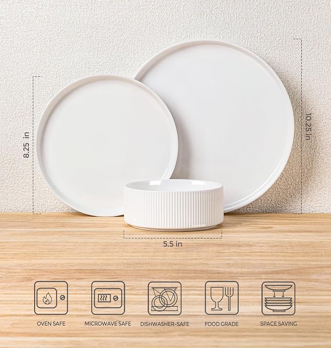 Ceramic Dinnerware Set for 4, 18-Piece Plates and Bowls Set | Lightweight Porcelain Dish Set, Scratch Resistant, Oven & Microwave & Dishwasher Safe, Bright White