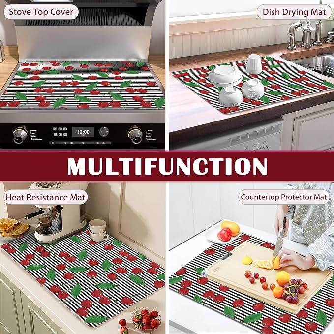 Stove Top Cover for Electric, Glass Ceramic Cherry Stripes Stove Cover, Heat Resistant Flat Stovetop Protector, Dish Drying Mats for Kitchen