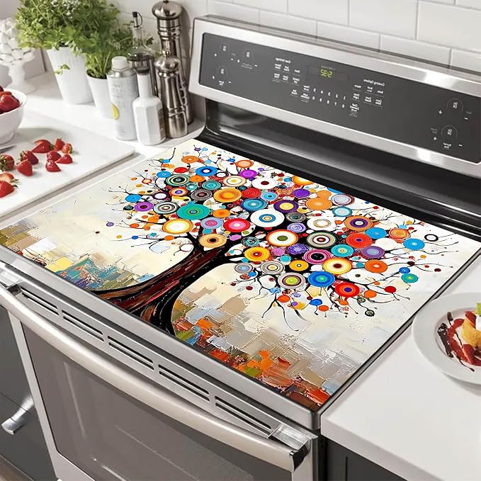 HOMETITUTE Vibrant Circle Tree Stove Top Cover 28x20 Abstract Art Mat
