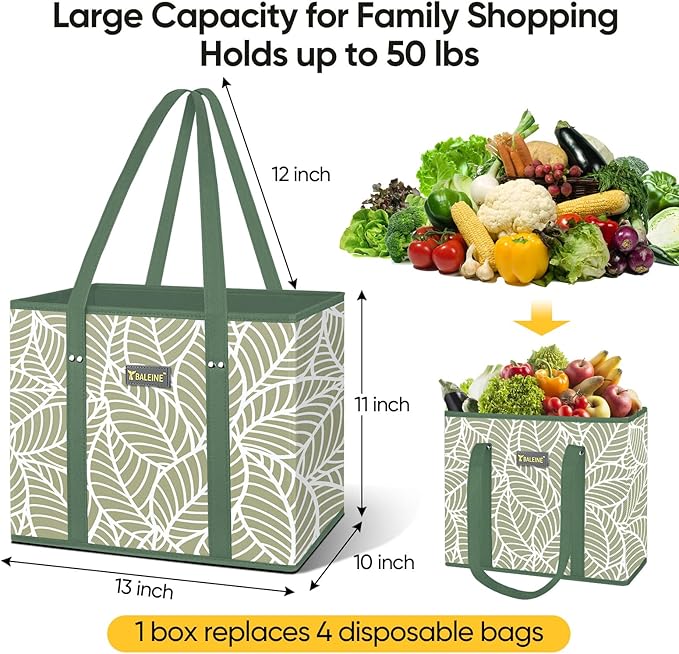 BALEINE 6PK Reusable Grocery Bags, Heavy Duty Shopping Tote Bag | 12'' Long Handles, Reinforced Bottom Keeps Upright, Fold Flat Storage, Water-Resistant Shopping Bag, Multiple Color Options