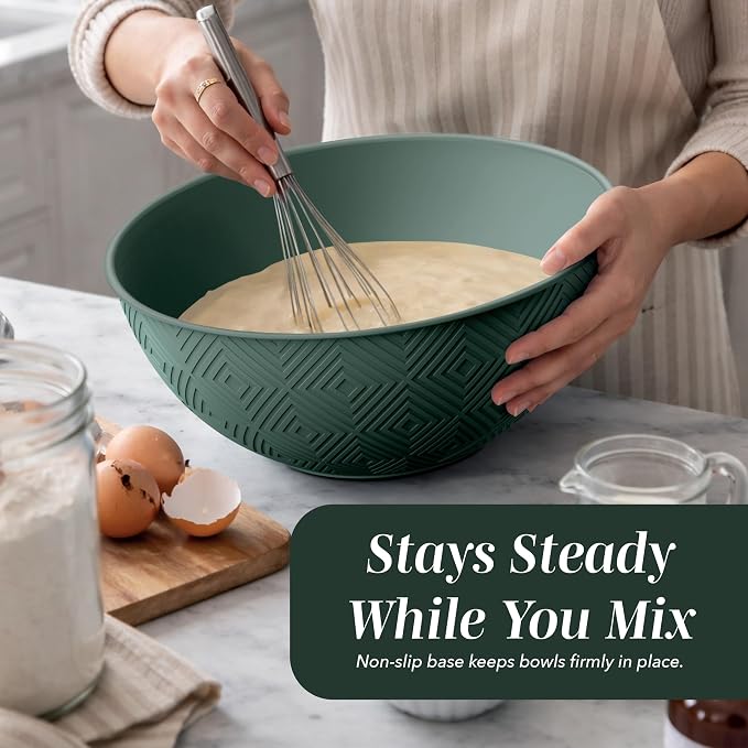 COOK WITH COLOR Mixing Bowls with Lids - 12 Piece Plastic Nesting Bowls Set includes 6 Prep Bowls and 6 Lids, Microwave Safe Mixing Bowl Set, Sage Rhombus