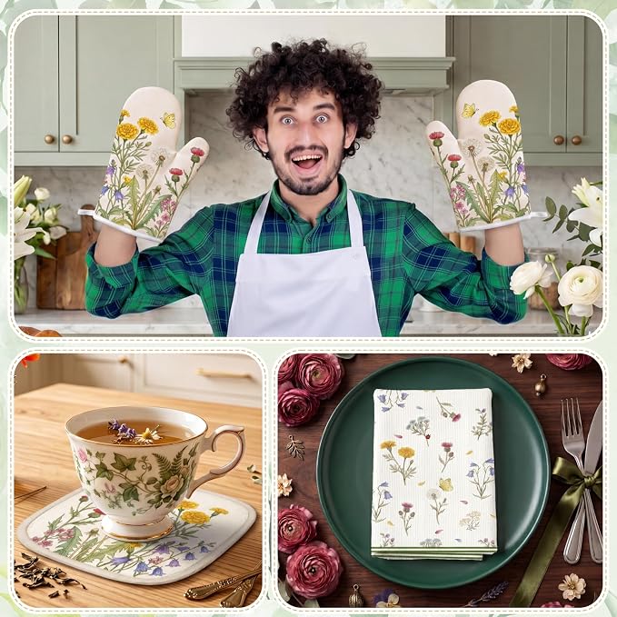 Tieshankao 10Pcs Wildflower Kitchen Decor Accessories Set | Green Wildflower Floral Theme, Kitchen Towels, Oven Mitts, Pot Holders, Rugs and Mats, Baking Supplies, Housewarming Gifts