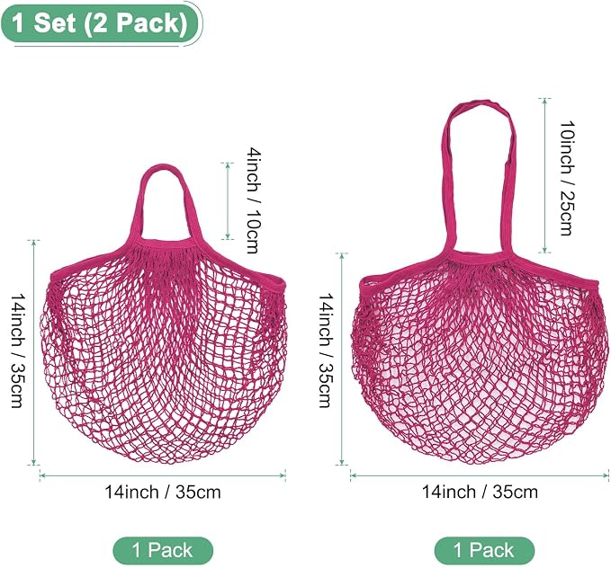 M METERXITY 2-Pack Cotton Mesh Bag, Reusable Washable Mesh Net String Grocery Bags, Reusable Produce Bags with Handle, Net Tote Bag for Fruits/Vegetables Shopping [Rose Red, Long&Short Handle]