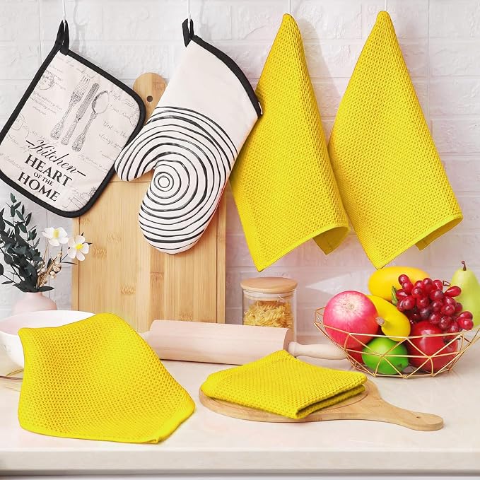 Homaxy 100% Cotton Waffle Weave Kitchen Dish Cloths 6-Pack, Yellow | 12 x 12 Inches, Ultra Soft Absorbent Dish Towels, Quick Drying Dish Rags with Hanging Loop