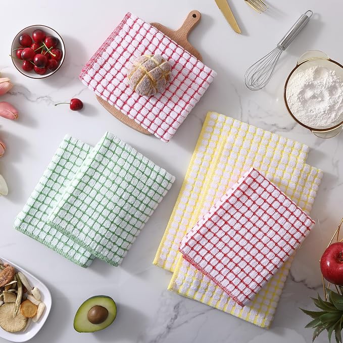 Mordimy Cotton 6 Pack Terry Kitchen Towels, 16 x 25 Inches | Super Soft and Absorbent Dish Towels, Quick Drying Hand Towels for Kitchen Drying, Red/Yellow/Green