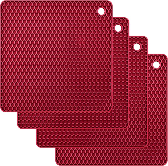Silicone Trivets for Hot Dishes, Pots and Pans, Hot Pads for Kitchen, Merlot Red Silicone Pot Holders Mats for Kitchen Quartz Counter Heat Resistant Mat, Flexible Table Trivet Mat Set 4