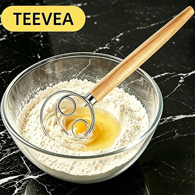 TEEVEA Danish Dough Whisk Stainless Steel Wooden Handle for Sourdough Bread | 4-Loop Food-Grade Steel Dutch Whisk, Even Mixing, Replaces Dough Hook and Mixing Spoon, Nonstick Easy Clean, Sourdough Mixer