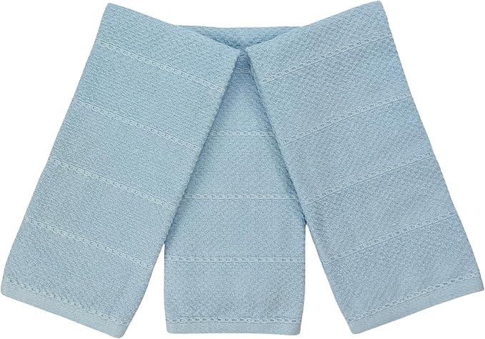 Light Baby Blue Kitchen Hand Dish Towels, Set of 3, 100% Cotton, 18" x 28" | Terry Loop Ribbed Textured, Soft & Absorbent Cleaning Cloth, Quick Dry, Multipurpose for Everyday Use