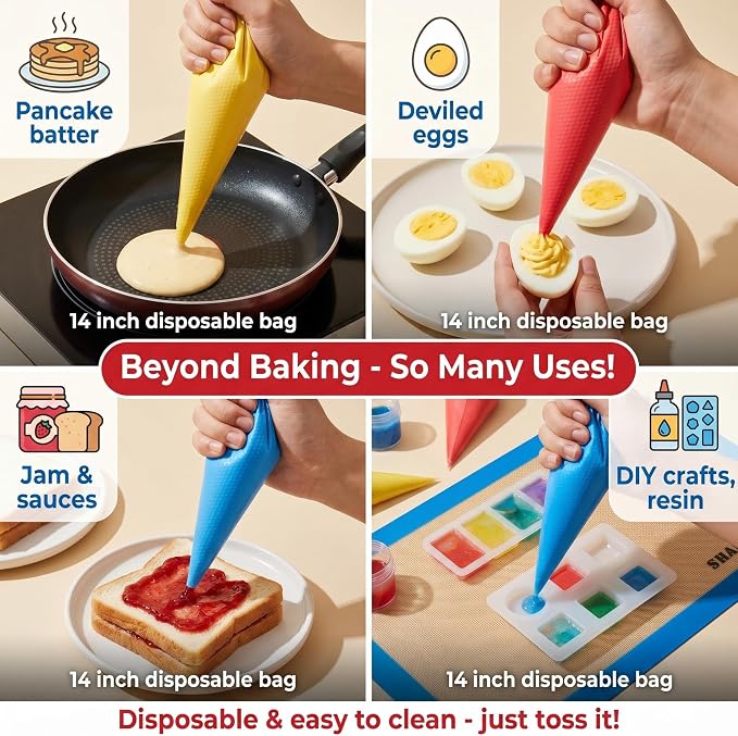 122Pieces Tipless Piping Bags - 100pcs Disposable Piping Pastry Bag for Royal Icing/Cookies Decorating - 10 Pastry Bag Ties,10 Clips &2 Scriber Needle - Best Cookie/Cake Decorating Tools (14 inch)