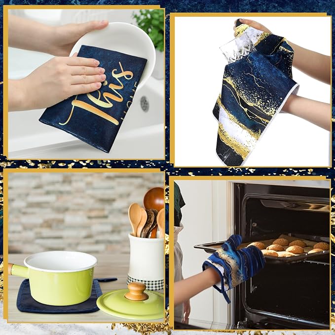 Leinuosen 8 Pcs Navy Blue and Gold Marble Kitchen Towels and Dishcloths Sets Oven Mitts and Pot Holders Absorbent Kitchen Gloves Potholders Heat Resistant for Chef Baking Cooking