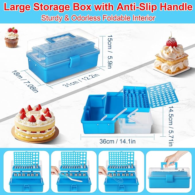 366-Piece Cake Decorating Kit, 60 Piping Tips with Storage Box | Complete set with 60 stainless steel piping tips, 100 piping bags, spatulas, scrapers, molds and a 3-tier storage box.