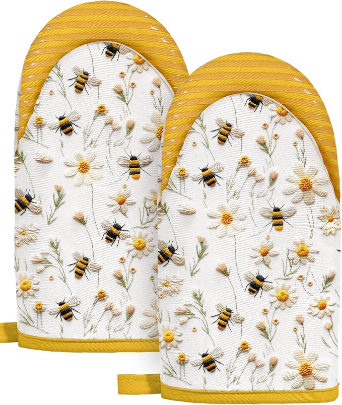 Slohif Bee Mini Oven Mitts Set – Yellow Extended Short Heat Resistant Kitchen Gloves for Women, 100% Cotton Oven Mitts with Silicone Grips, Non-Slip and Thick Durable for Cooking & Baking