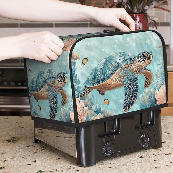 2 Slice Toaster Cover Turtle Sea Coral Ocean Dust Proof Washable Kitchen Appliance Cover with Pocket, Oxford Fabric Countertop Toaster Protector for Standard Toasters Small Appliances