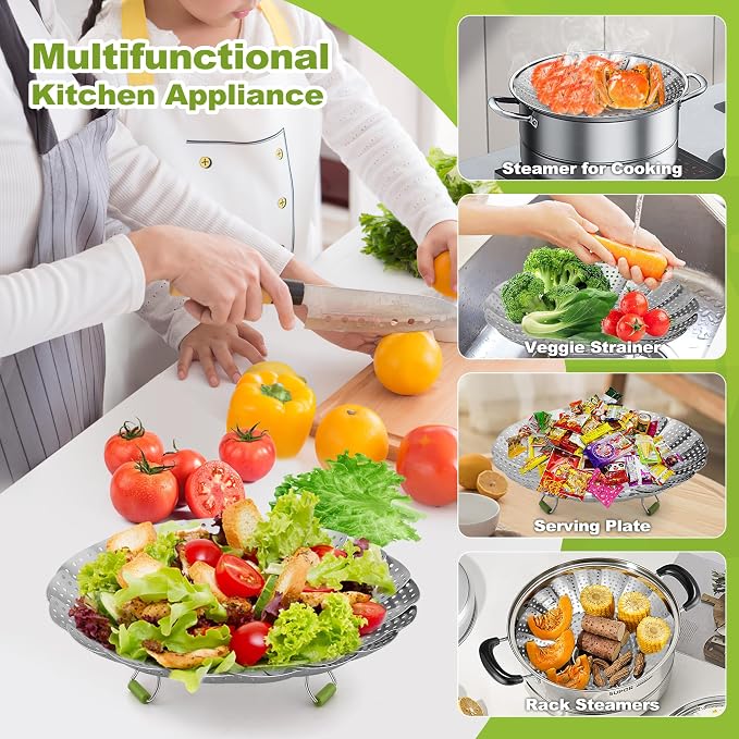 Pavsrmy Steamer Basket, 3rd Generation Stainless Steel Vegetable Steamer with Extendable Handle for Cooking Food, Folding & Expandable Veggie Steam Insert, Fit Various Size Instant Pot (5.5" to 9")