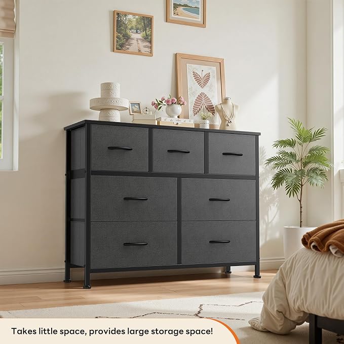 Sweetcrispy 7 Drawer Dresser for Bedroom Storage with Fabric Bins, Gray | Anti-Tip Closet Organizer, Wooden Top and Sturdy Steel Frame, Spacious Drawers for Clothes Storage, Hallway Entryway