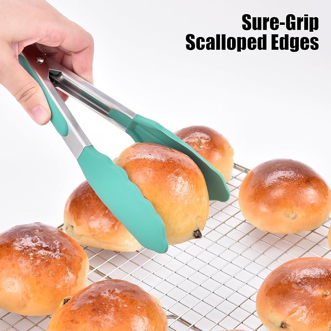 Doosu Kitchen Tongs with Silicone Tips for Cooking Serving (7in, Aqua Sky) | 600°F Heat Resistant Food Tong, Heavy Duty Stainless Steel Locking Tong for BBQ, Grilling Steak, Salad, Toast, Pasta