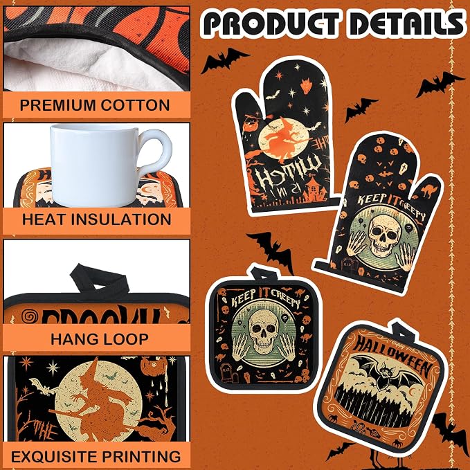 SiliFine 12 Pcs Halloween Kitchen Towels Oven Mitts Pot Holders Set | Skull Raven Owl Witchy Ghost Print, Kitchen Accessories for Cooking Baking, Gothic Home Decoration, Halloween Party Supplies