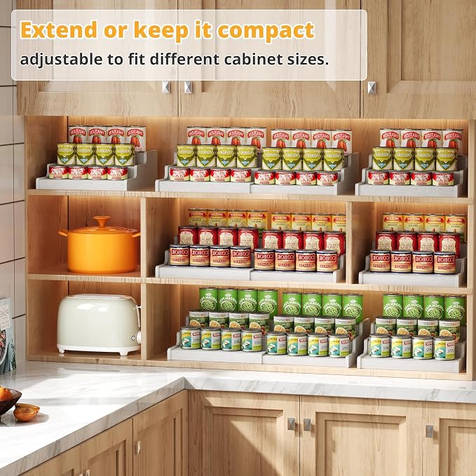 3-Tier Expandable Bamboo Can Organizer for Pantry, Holds 24 Cans, White | Adjustable Can Storage Rack for Kitchen Cabinets, Soda & Canned Goods Holder for Pantry Organization, White (Patent Pending)