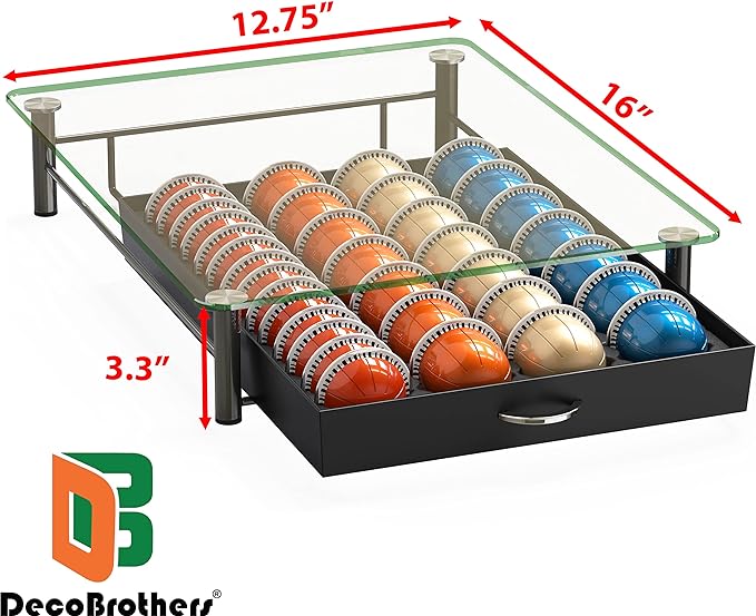 Deco Brothers Tempered Glass Vertuo Pod Holder, Fits 28 Large/56 Small Pods | Compatible with Nespresso Capsule, Black