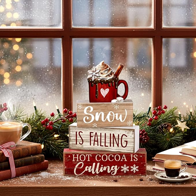 Lineshading 4 Pcs Winter Tiered Tray Set, Hot Cocoa Wood Block Signs | Rustic Farmhouse Decor for Christmas, Wooden Snow Theme Signs with Mug Topper, Layered Tabletop Display, Cozy Winter Accents