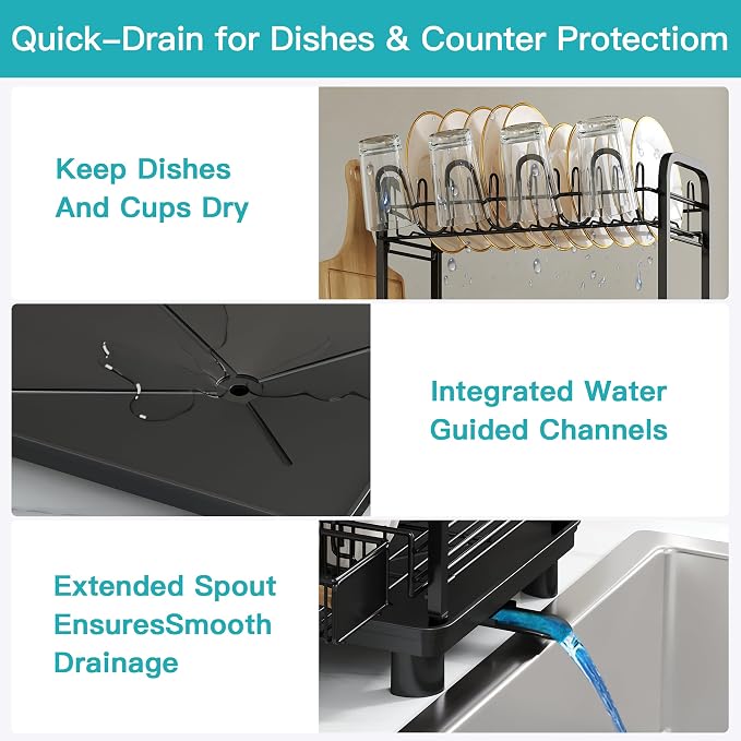 2 Tier Black Dish Drying Rack and Drainboard with Utensil Holder | Dish Drainer with Drainboard, Cups Holder for Small Kitchen, Space Saving, Rustproof, Auto Drain, Fits for 1-2 People