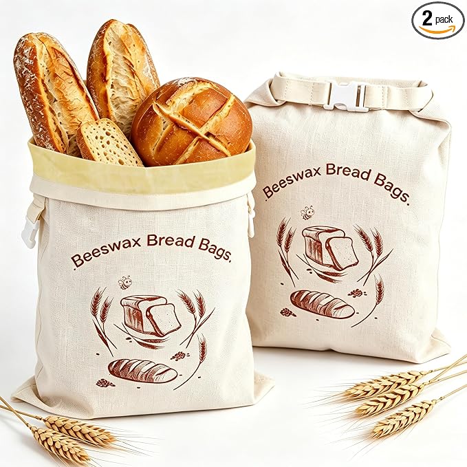 Beeswax Bread Bags 2 Pack, XL 13x17 In, Keep Homemade Sourdough Fresh | WSYDKNS Keep sourdough fresh longer, reusable linen cotton, beeswax lining, easy cold water wash, fit homemade loaf
