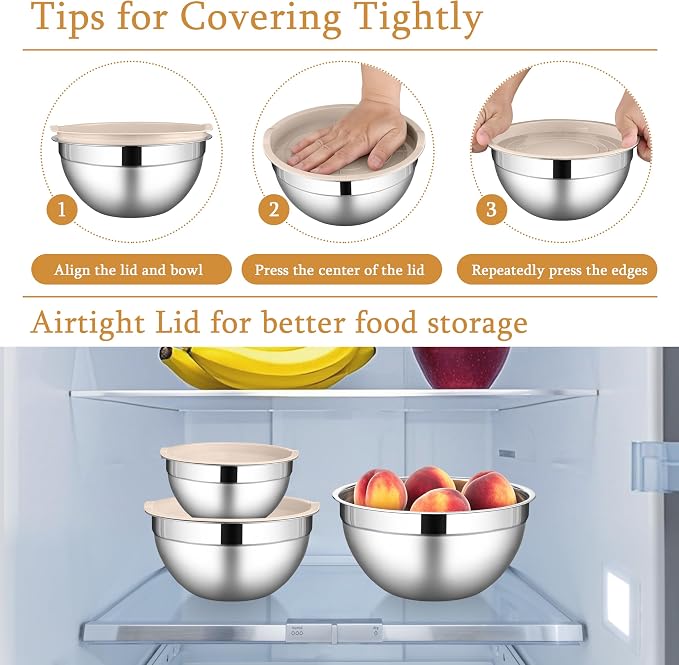 LIANYU Mixing Bowls with Lids Set, 3 Packs Stainless Steel Metal Bowls | Ideal for Prepping, Cooking, Storage, Serving, Freezer & Dishwasher Safe, 1.5QT & 3QT & 4.6QT, Khaki