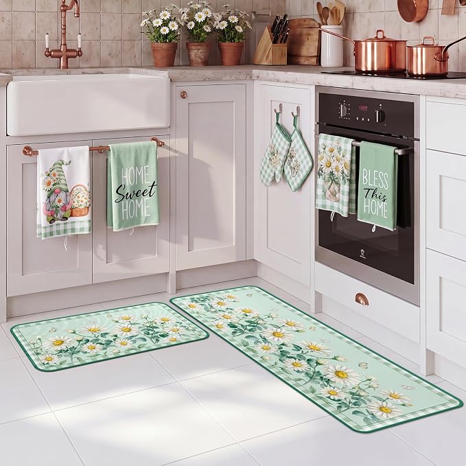 Fourluoo 10 Pcs Daisy Kitchen Decor Set Towels Rugs Oven Mitts and Pot Holders Daisy Kitchen Accessories Set for Cooking Baking Grilling Housewarming Gift