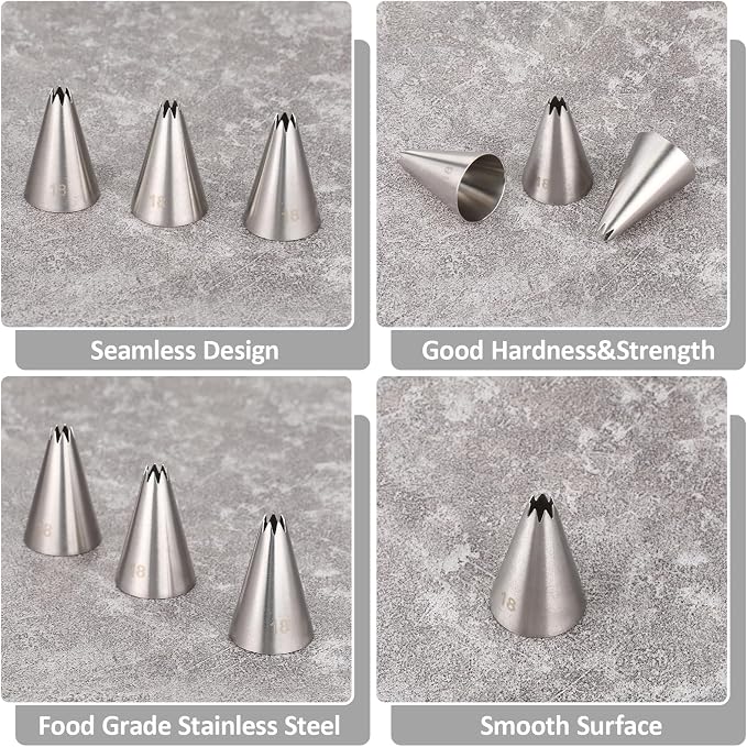 3 Pieces #18 Cake Piping Tip Open Star Icing Tip Seamless Icing Tips Stainless Steel Cupcake Piping Tips for Frosting Macarons Dessert Cake Decorations