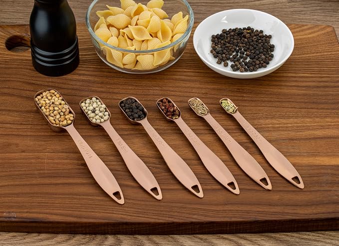 6-Piece 18/8 Stainless Steel Measuring Spoons Set, Rose Gold | Six Engraved US and Metric Sizes From 1/8 TSP to 1 Tbsp Fit Narrow Spice Jars and Stay Together On an O-shaped Ring