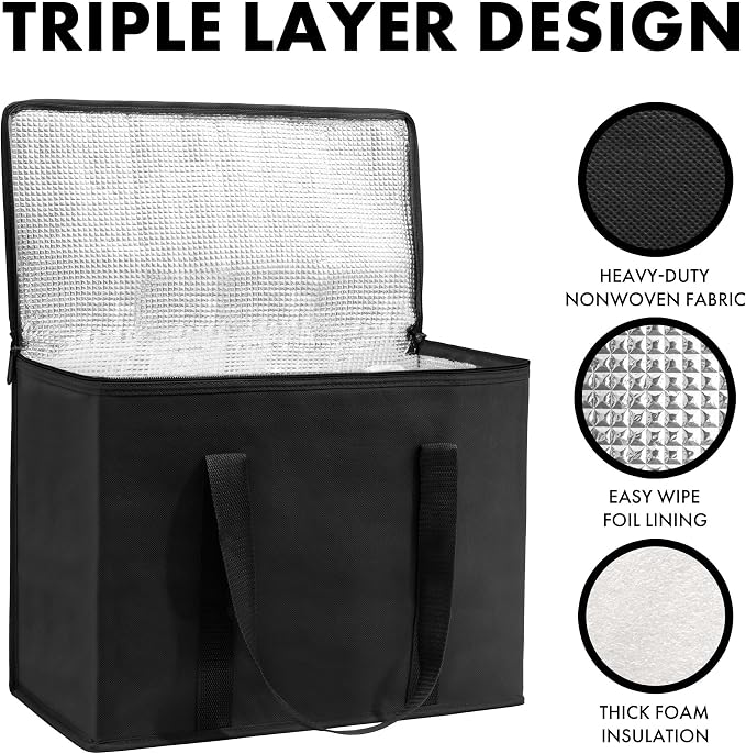 Carrywell (Not Made In China) Insulated Reusable Grocery Bags, Catering and Delivery Bag For Hot and Cold Food, Collapsible Thermal Tote For Doordash