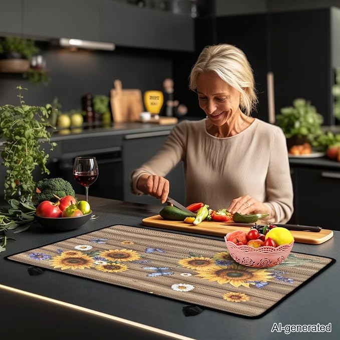 Sunflower Wood Multi-Purpose Stove Top Cover Silicone Thermal Mat for Electric Stove(30"x21") Scratch Resistant Glass Cooktop Protector & Dish Drying Mat