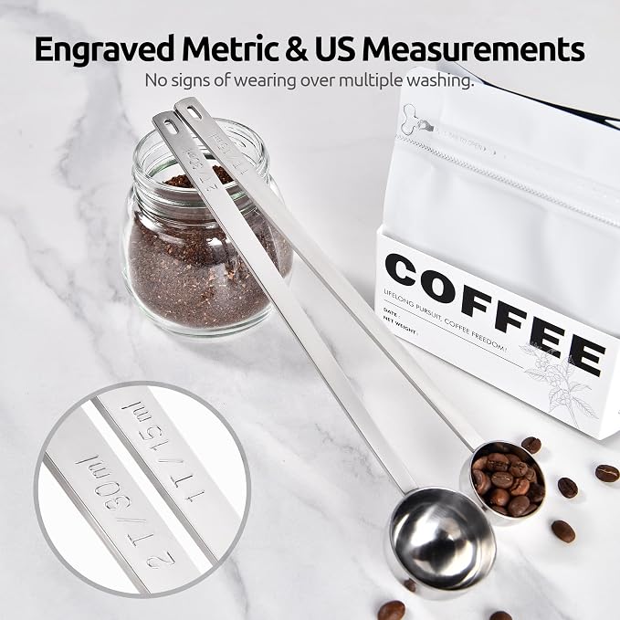 U-Taste Coffee Scoop 1&2 Tablespoon: 18/8 Stainless Steel Measuring Scooper for Ground Coffee, Bean, Powder, Espresso, 8.5in Long Handle Metal Meaure Spoon for Canister, Jar (1&2Tbsp/15&30ml, Silver) | 18/8 Stainless Steel Tablespoon Scoop, Long Metal ...