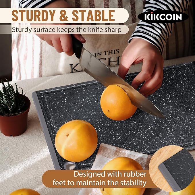 Kikcoin Plastic Cutting Boards for Kitchen, 3-Piece Large Cutting Board Set Dishwasher Safe Chopping Boards with Non-slip Feet and Juice Grooves, Light Gray