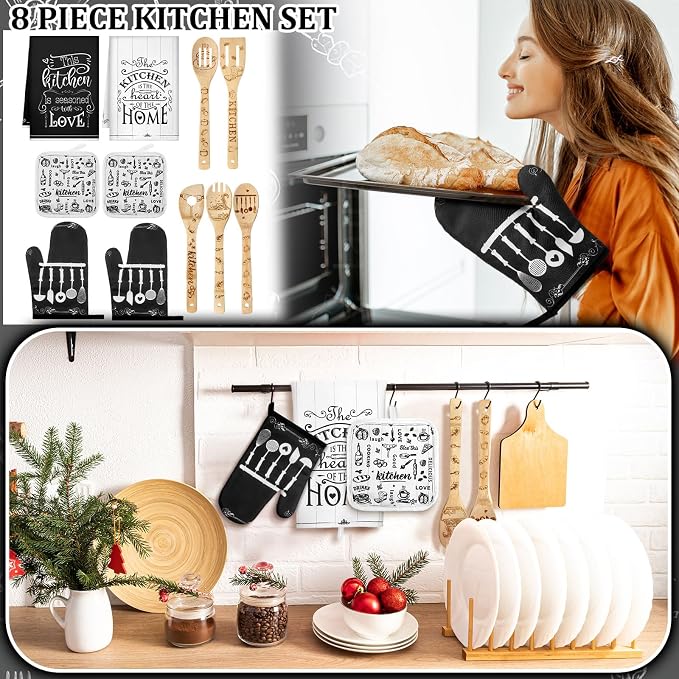 13 Pcs Christmas Kitchen Sets Christmas Aprons Oven Mitts and Pot Holders Dish Towels Wooden Spoons for Xmas Gifts(Black White, Kitchen)