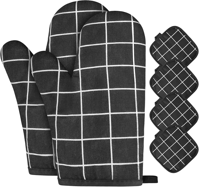 AUAUY Oven Mitts and Pot Holders 6PCS Set, 392°F Heat Resistant, Black | Cooking Gloves and Hot Pads Baking Mittens BBQ Gloves, Top Kitchen Gadgets, Non-Slip Kitchen Mittens for Oven Baking Grilling