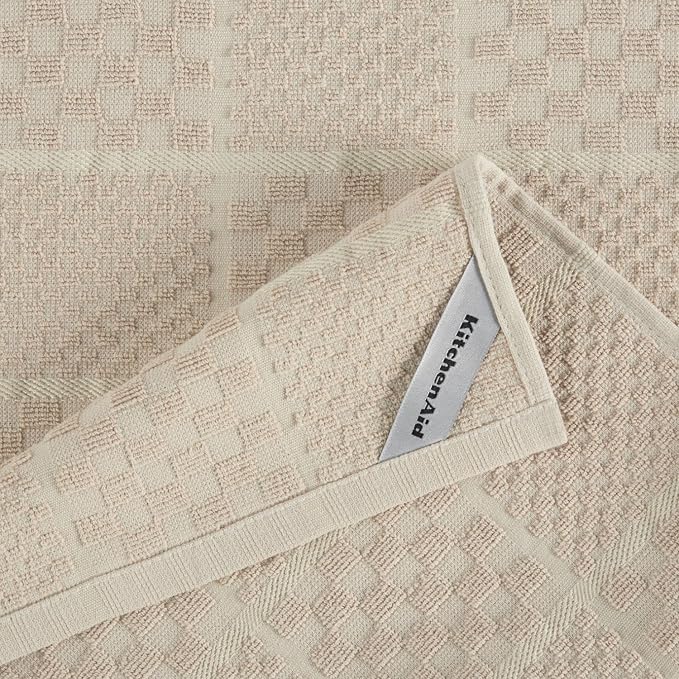 KITCHENAID Quilted Cotton Terry Cloth Oven Mitt, Pot Holder, Kitchen Towel 4-Pack Set, Heat Resistant, Silicone Grip, 16"x26", 7"x13" & 7"x10", Milkshake Tan