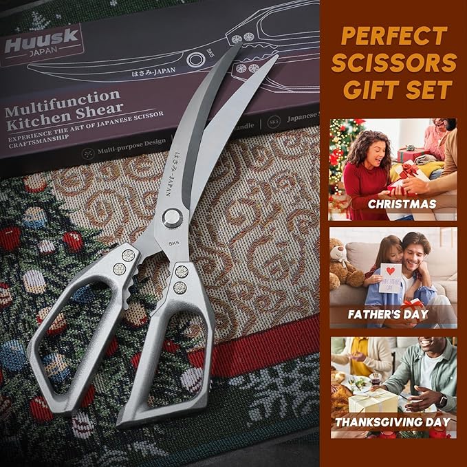 Huusk Kitchen Scissors for Food - Multifunction Poultry Shears Heavy Duty | Japanese Stainless Steel Kitchen Shears for Meat, Fish, Chicken, Turkey, Ergonomic Handle, Easy to Clean, Gifts for Women