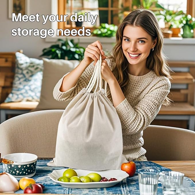 Cotton Storage Bags With Drawstrings - Rainflow 3 Pack 15x17 Inch Reusable Produce Bags Cotton Produce Bags Washable Muslin Storage Bags for Fruit Onion Storage Clothes Shopping Home Supplies | Washable Muslin Organizers for Fruit, Onion, Clothes, Groc...